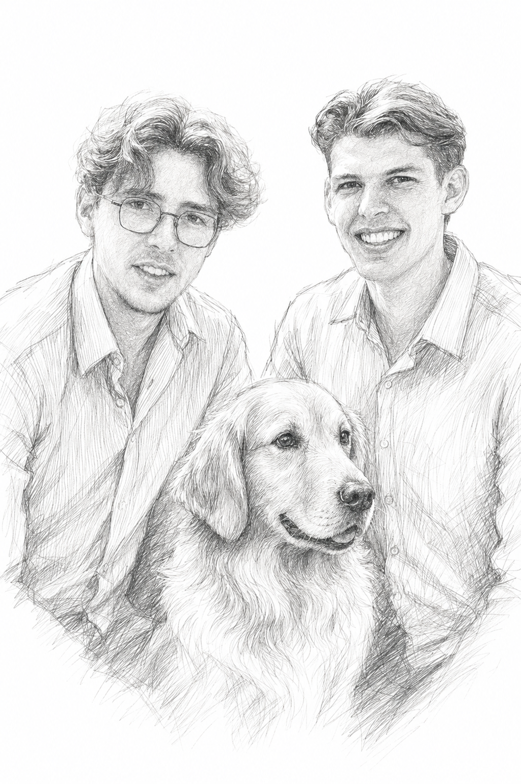 Nolan et Romaric, fondateurs de Gaspard & Watson, avec un Golden Retriever